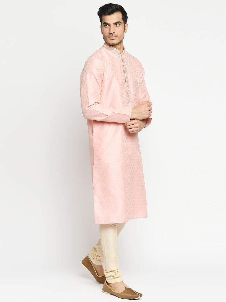 Men's Peach Blended Embroidered Kurta Pyjama