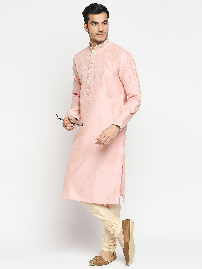 Men's Peach Blended Embroidered Kurta Pyjama