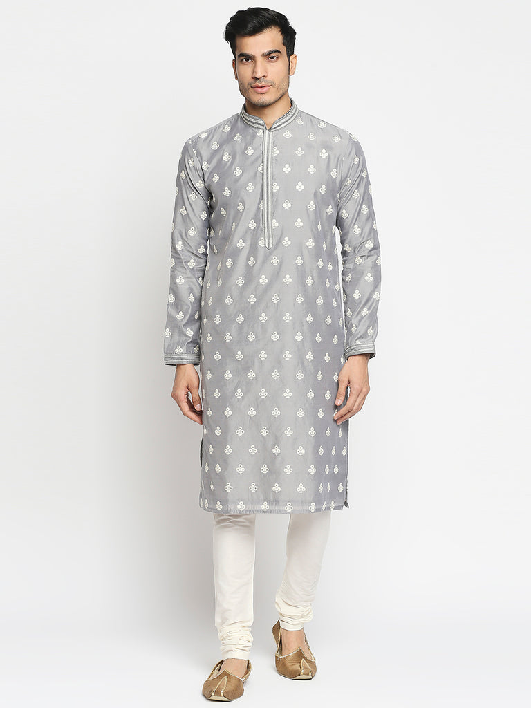 Men's Grey Blended Embroidered Kurta Pyjama