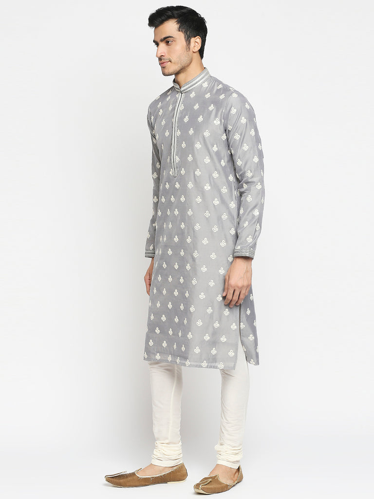 Men's Grey Blended Embroidered Kurta Pyjama