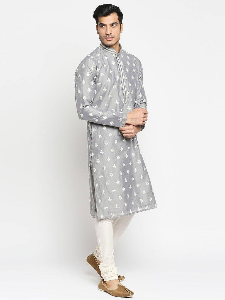 Men's Grey Blended Embroidered Kurta Pyjama