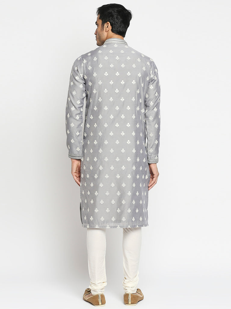 Men's Grey Blended Embroidered Kurta Pyjama