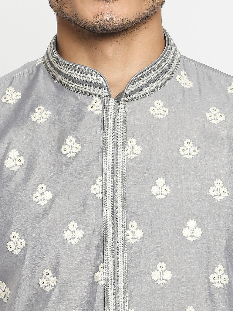 Men's Grey Blended Embroidered Kurta Pyjama