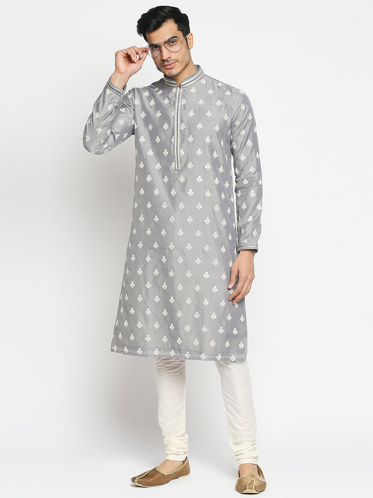 Men's Grey Blended Embroidered Kurta Pyjama