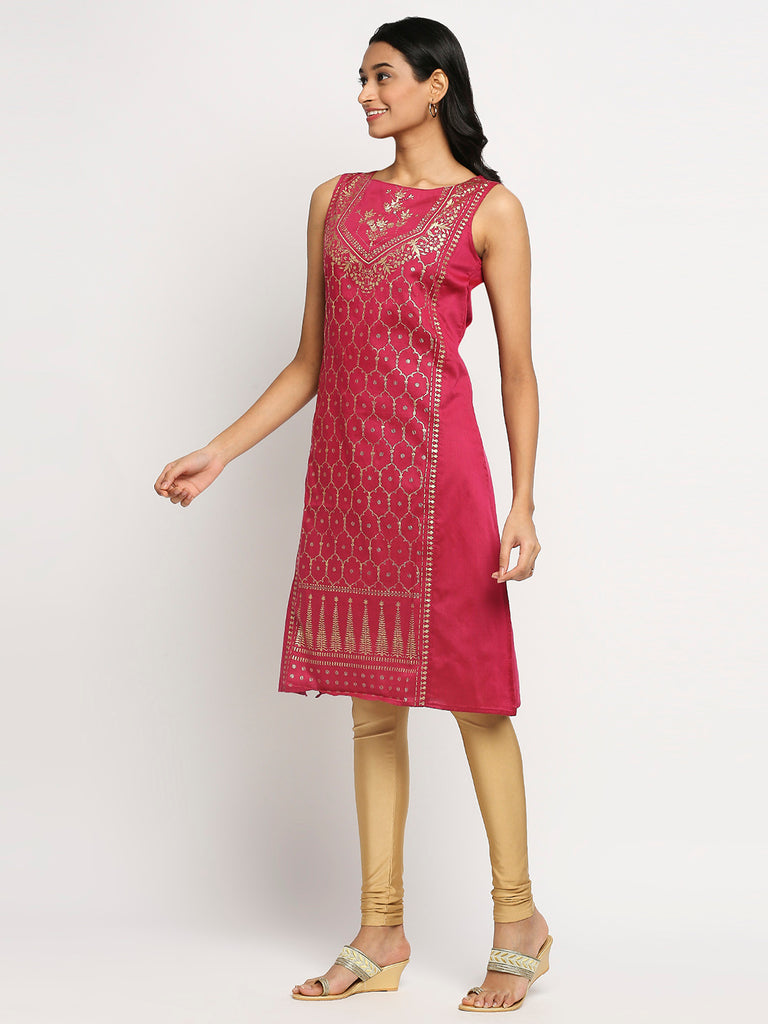 Women's Magenta Dupion Silk Printed Kurta