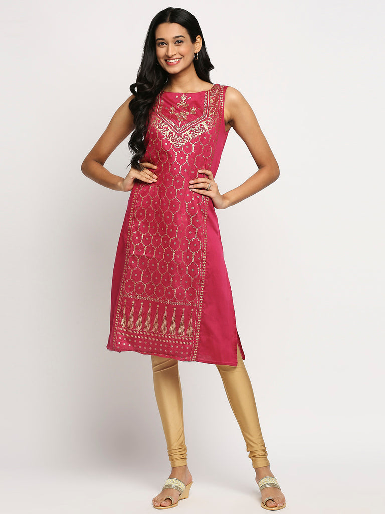 Women's Magenta Dupion Silk Printed Kurta