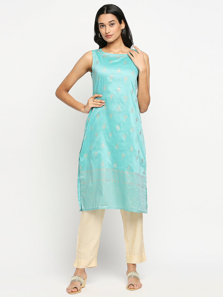 Women's Turquoise Blue Dupion Silk Printed Kurta