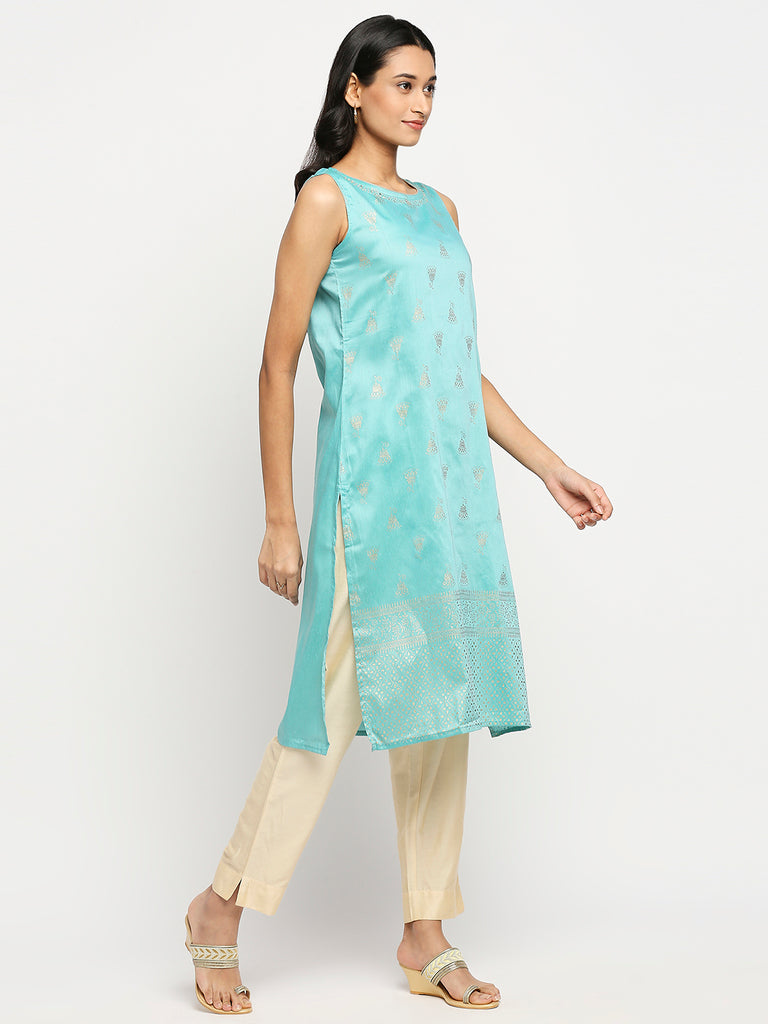 Women's Turquoise Blue Dupion Silk Printed Kurta