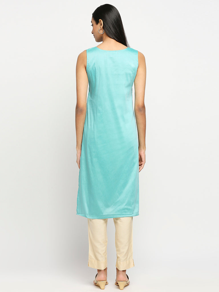 Women's Turquoise Blue Dupion Silk Printed Kurta