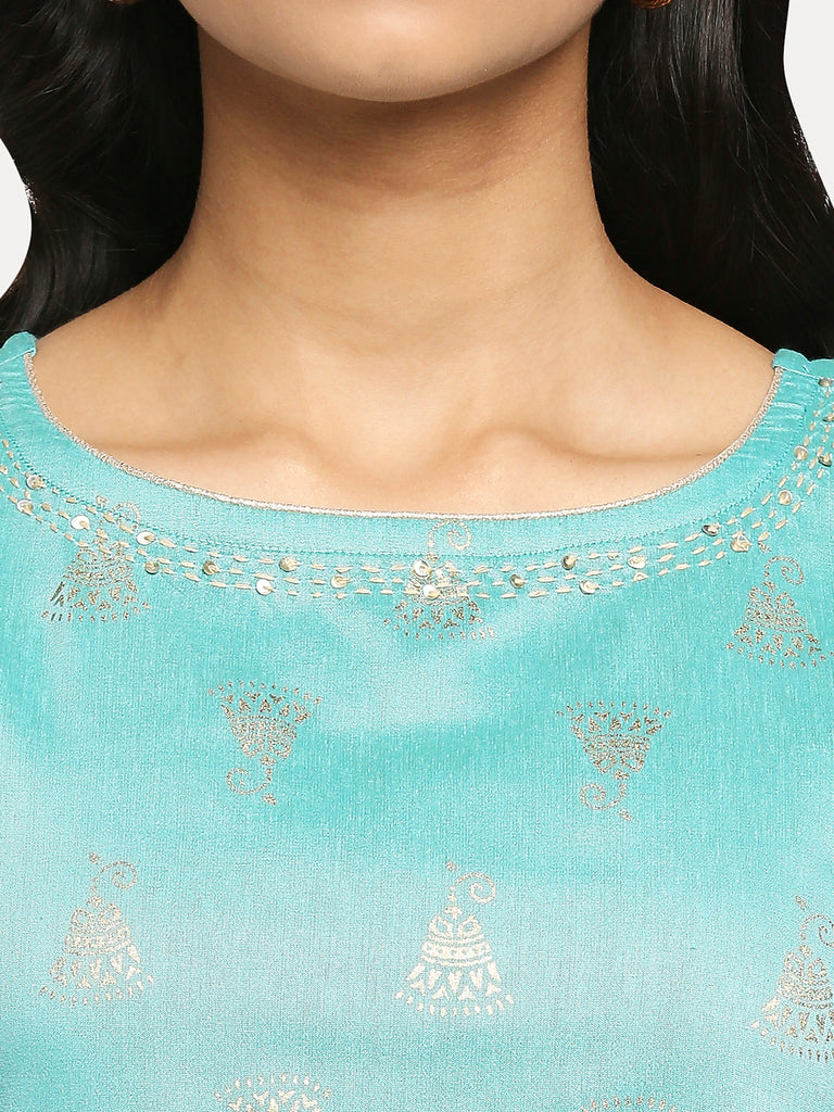 Women's Turquoise Blue Dupion Silk Printed Kurta