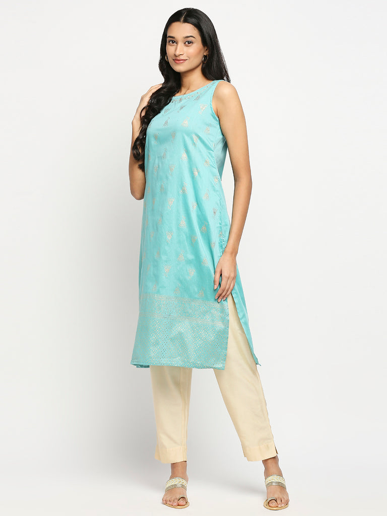Women's Turquoise Blue Dupion Silk Printed Kurta