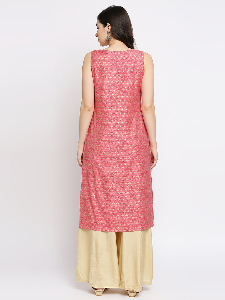 Women's Pink Dupion Silk Printed Kurta