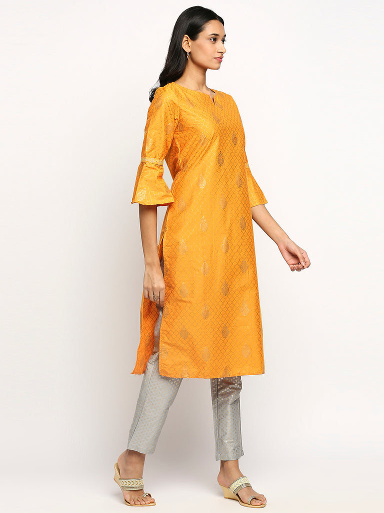Women's Orange Dupion Silk Printed Kurta