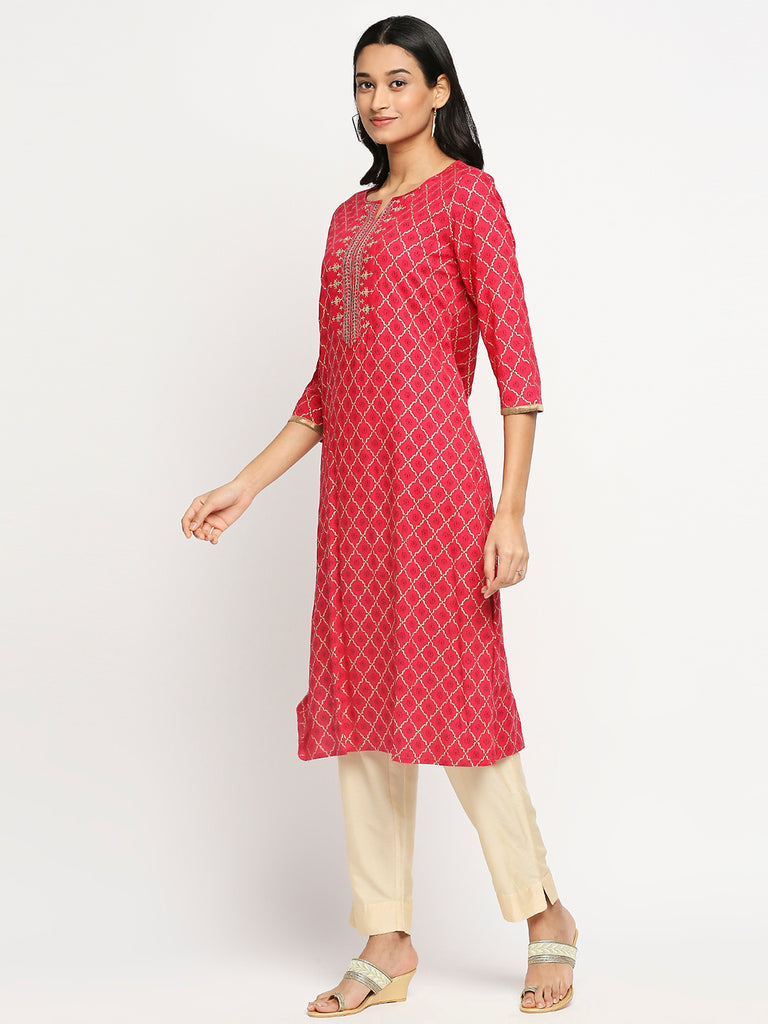 Women's Fuchsia Viscose Rayon Printed Kurta