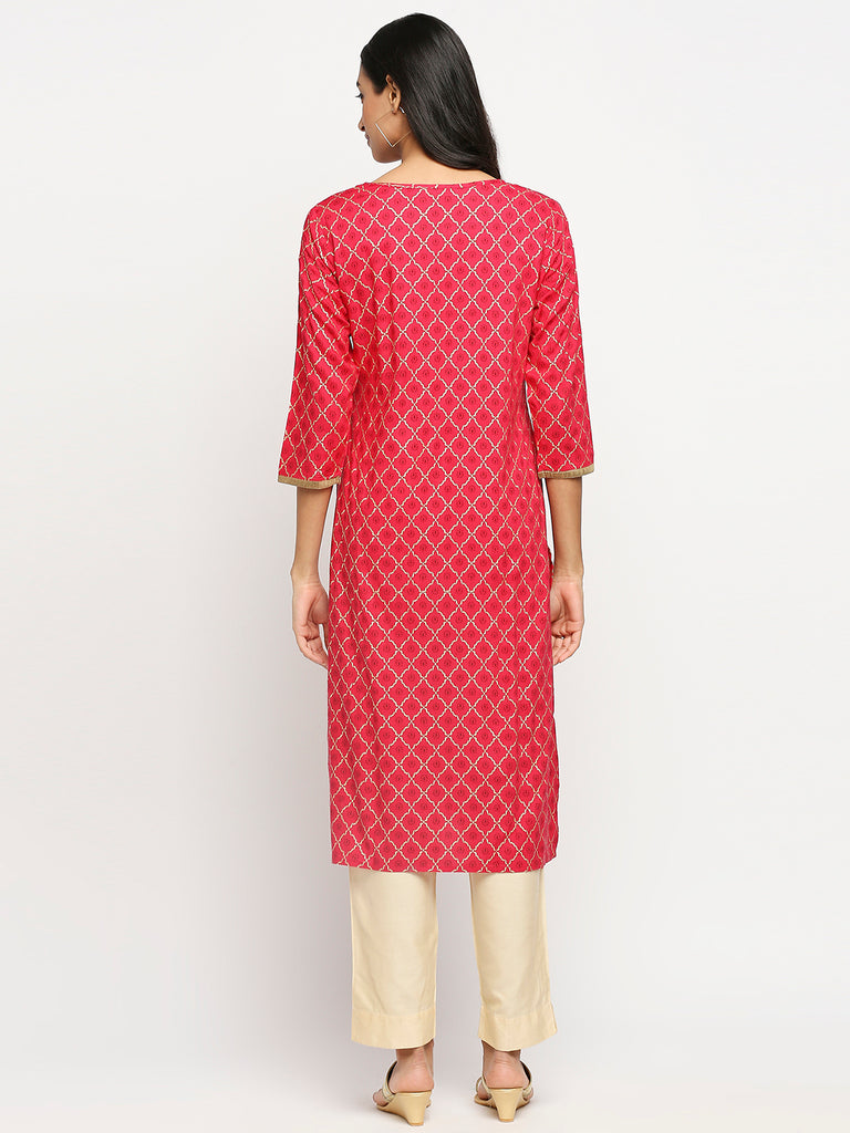 Women's Fuchsia Viscose Rayon Printed Kurta