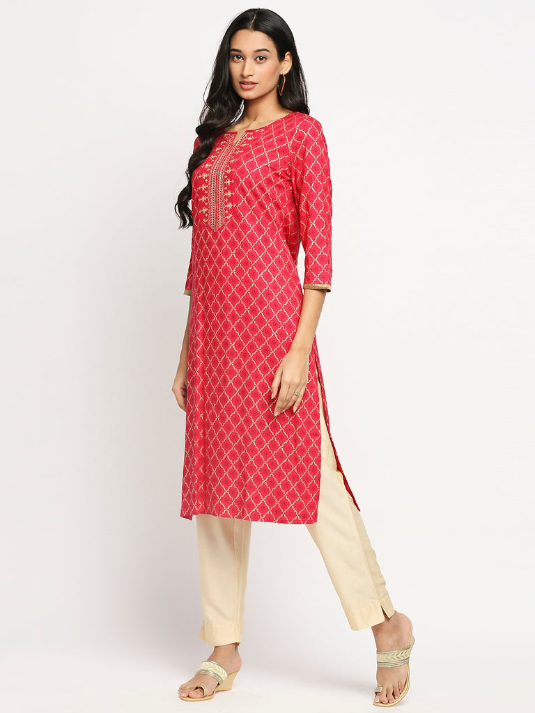 Women's Fuchsia Viscose Rayon Printed Kurta