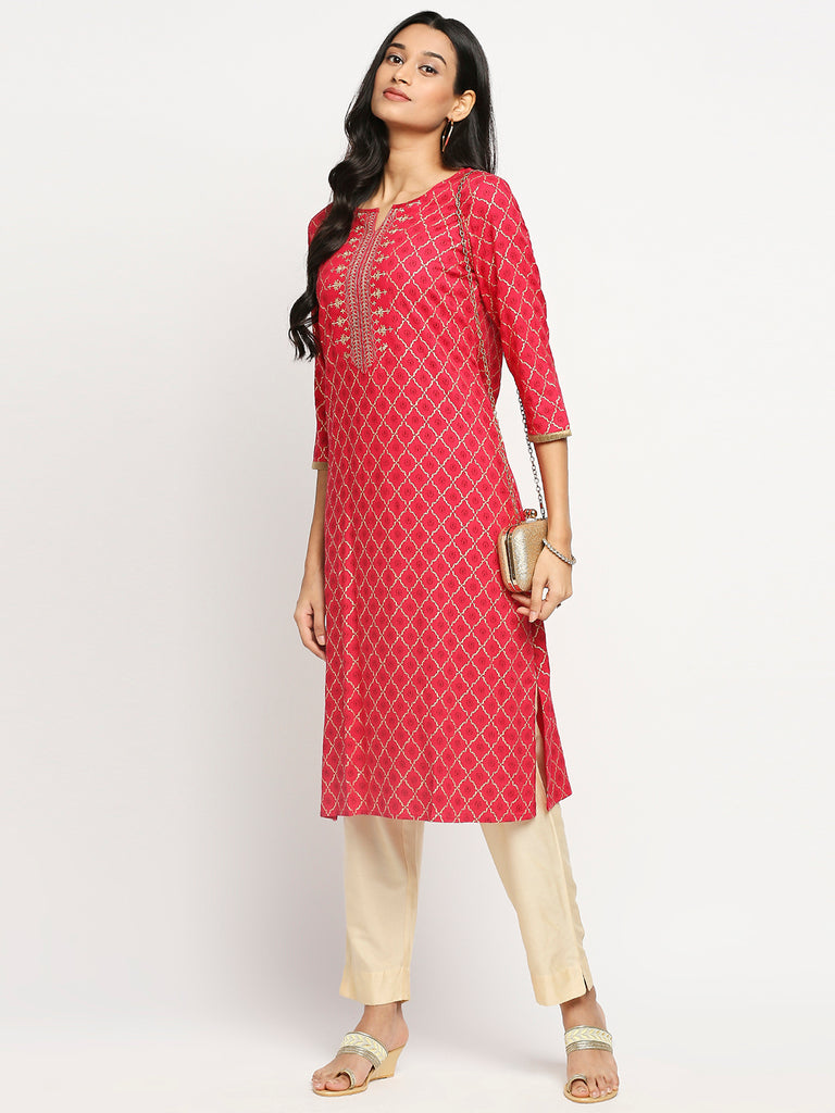 Women's Fuchsia Viscose Rayon Printed Kurta