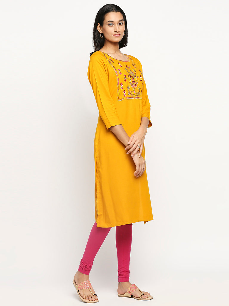 Women's Mustard Viscose Rayon Printed Kurta