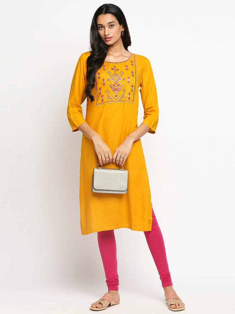Women's Mustard Viscose Rayon Printed Kurta