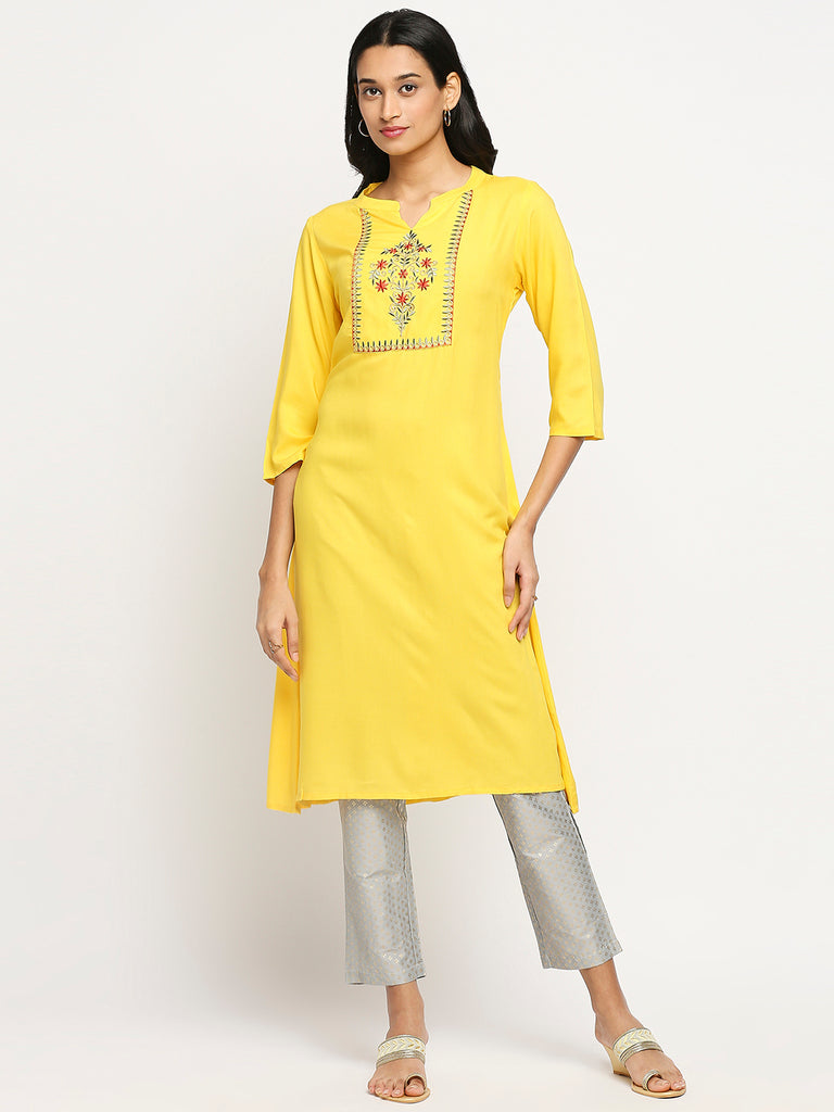 Women's Yellow Viscose Rayon Printed Kurta