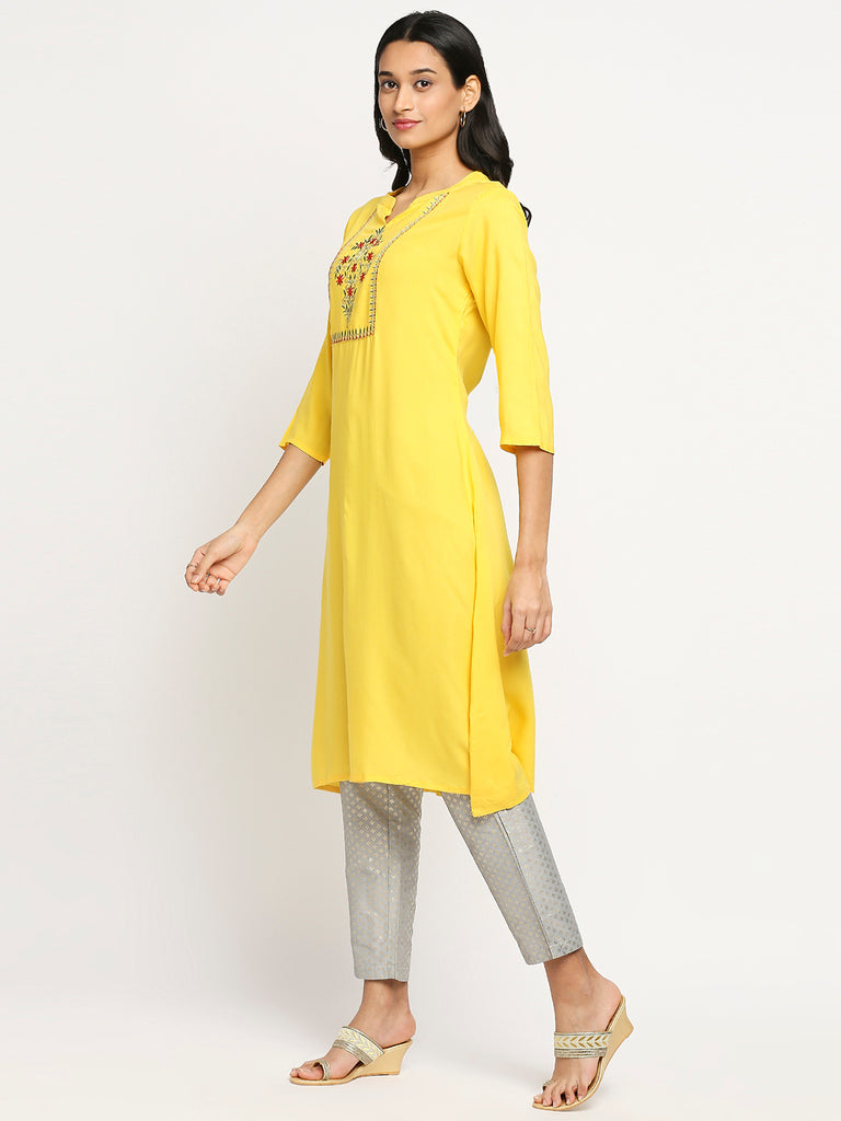 Women's Yellow Viscose Rayon Printed Kurta