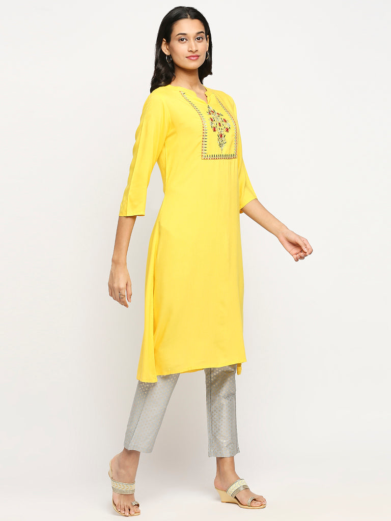 Women's Yellow Viscose Rayon Printed Kurta