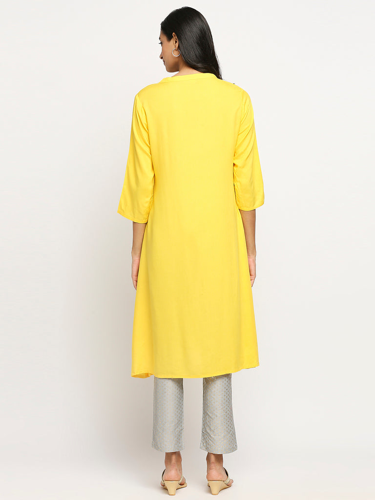Women's Yellow Viscose Rayon Printed Kurta