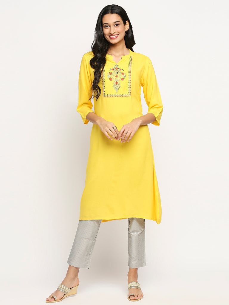 Women's Yellow Viscose Rayon Printed Kurta