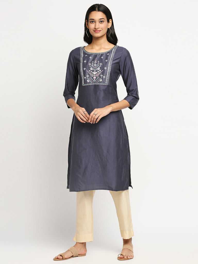 Women's Grey Art Silk Printed Kurta