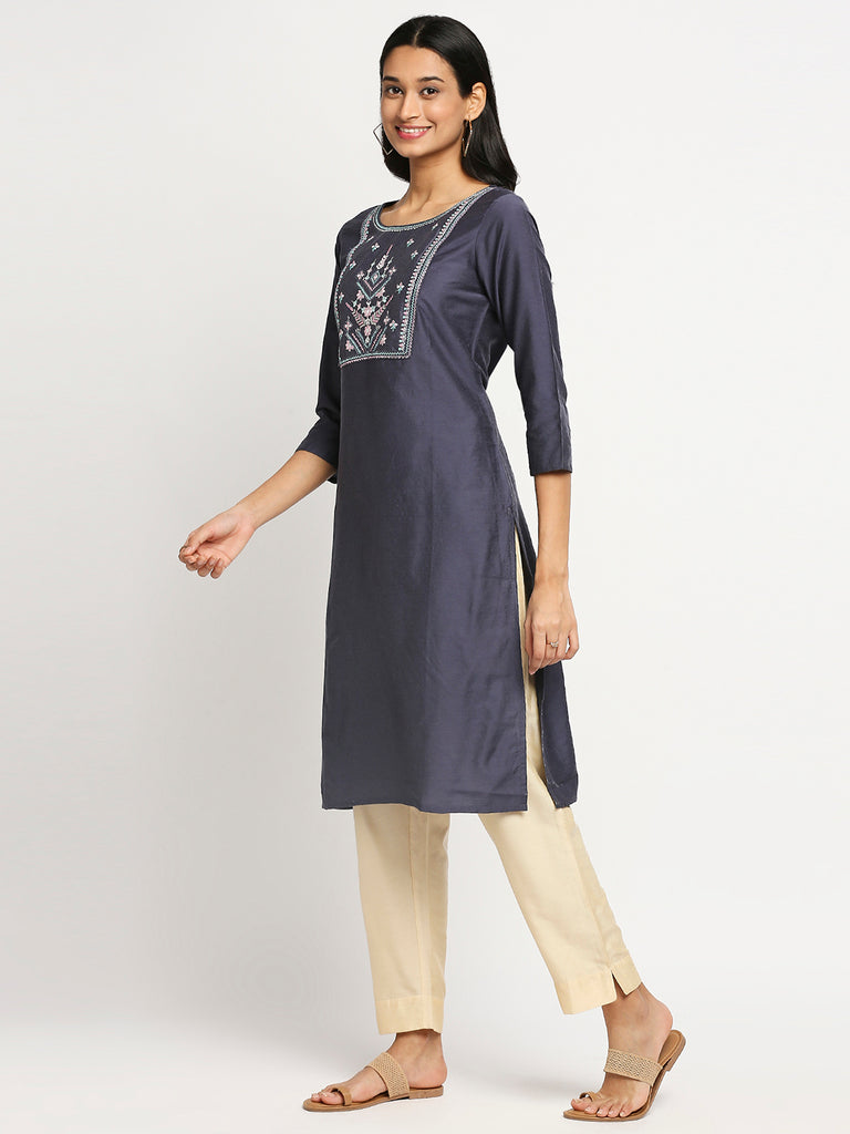 Women's Grey Art Silk Printed Kurta