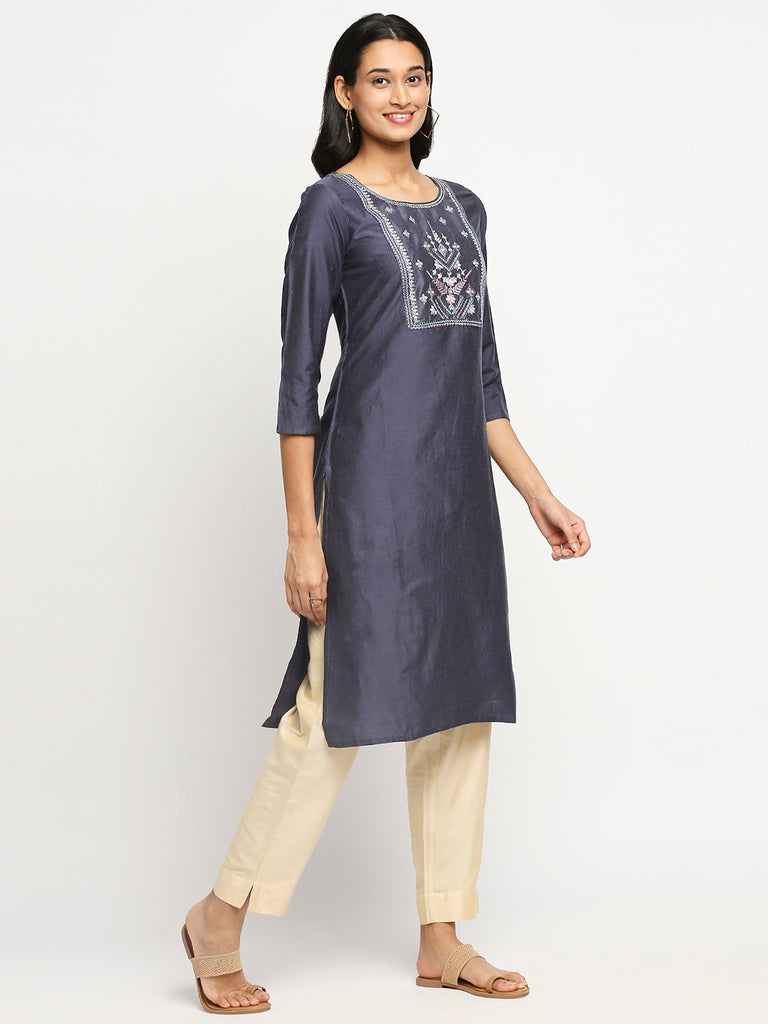 Women's Grey Art Silk Printed Kurta