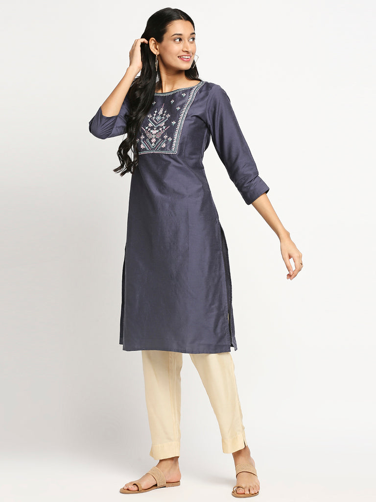 Women's Grey Art Silk Printed Kurta