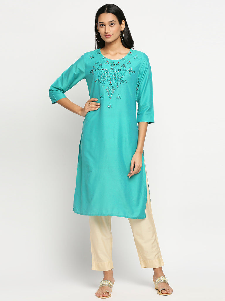 Women's Turquoise Blue Art Silk Printed Kurta