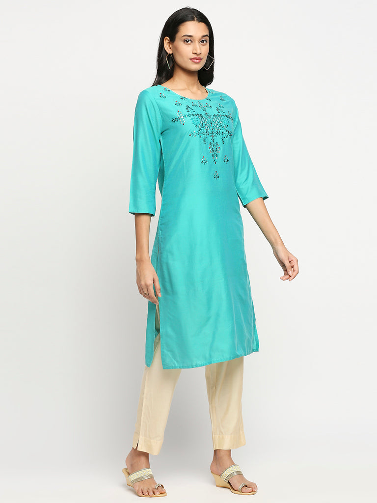 Women's Turquoise Blue Art Silk Printed Kurta
