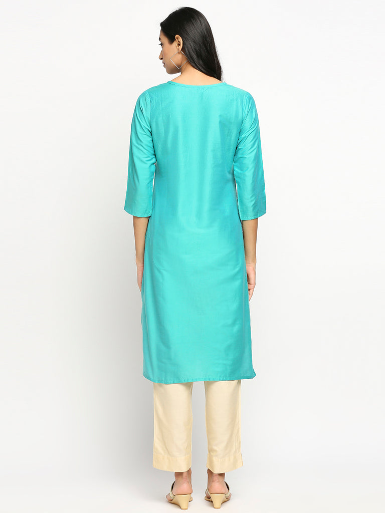 Women's Turquoise Blue Art Silk Printed Kurta