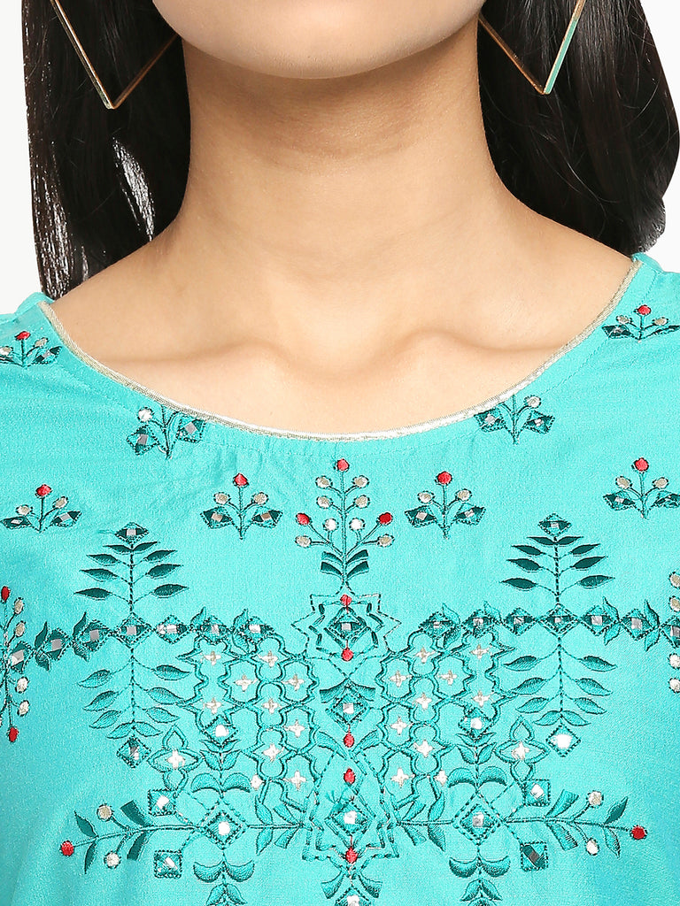 Women's Turquoise Blue Art Silk Printed Kurta