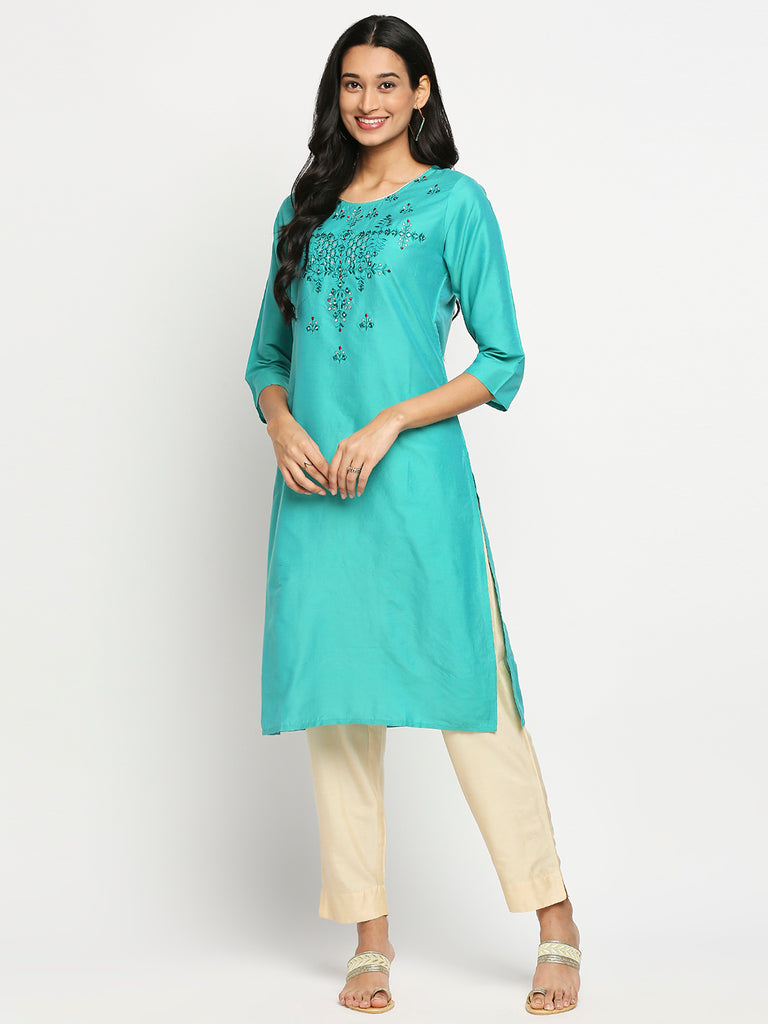 Women's Turquoise Blue Art Silk Printed Kurta