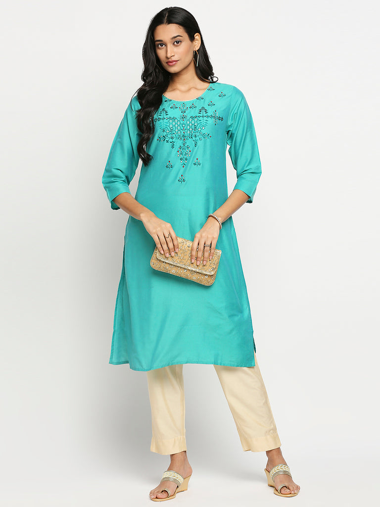 Women's Turquoise Blue Art Silk Printed Kurta