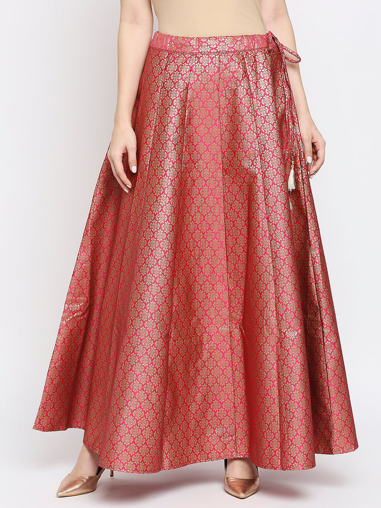 Women's Fucshia Silk Blend Floral Skirt