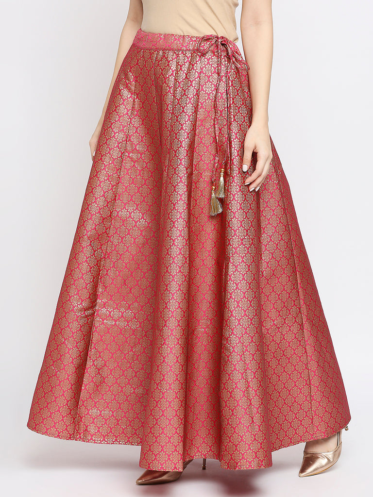 Women's Fucshia Silk Blend Floral Skirt