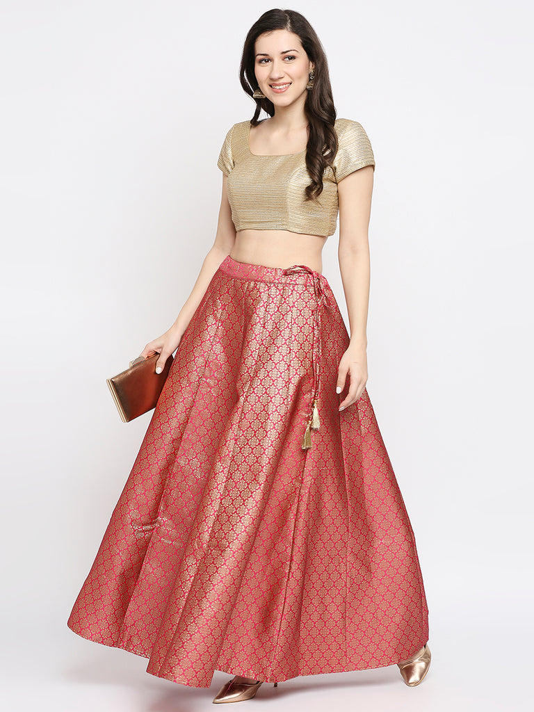 Women's Fucshia Silk Blend Floral Skirt