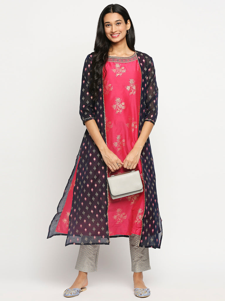 Women's Fucshia Art Silk Printed Dress