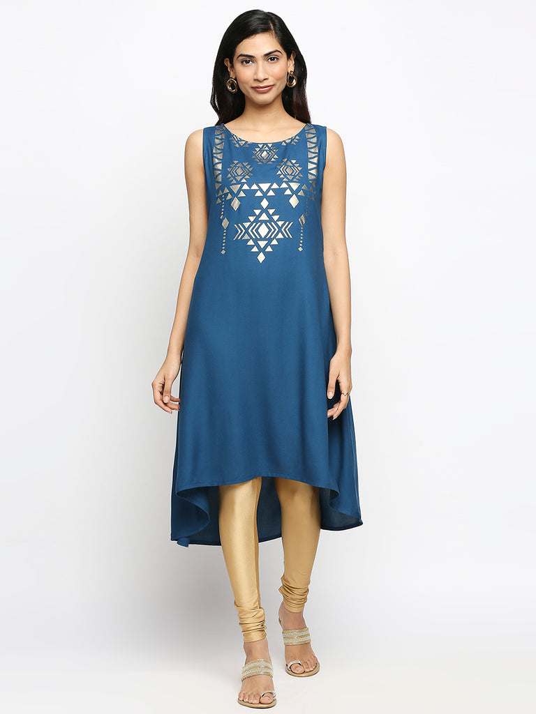 Women's Petrol Viscose Rayon Printed Kurta