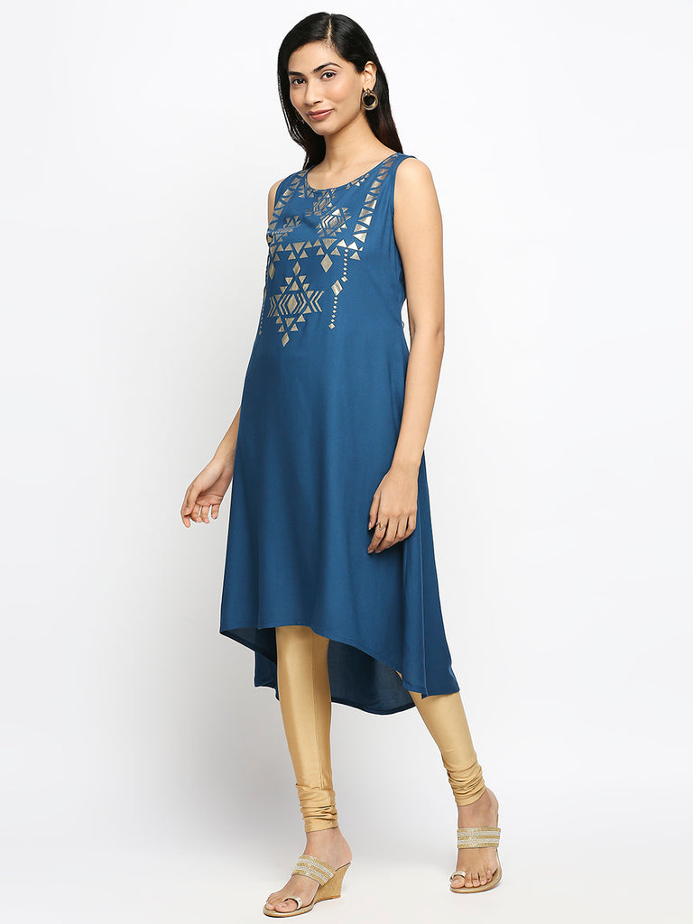 Women's Petrol Viscose Rayon Printed Kurta