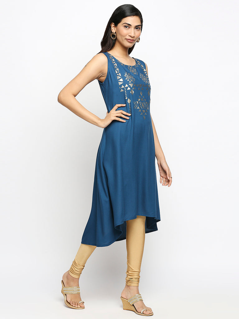 Women's Petrol Viscose Rayon Printed Kurta