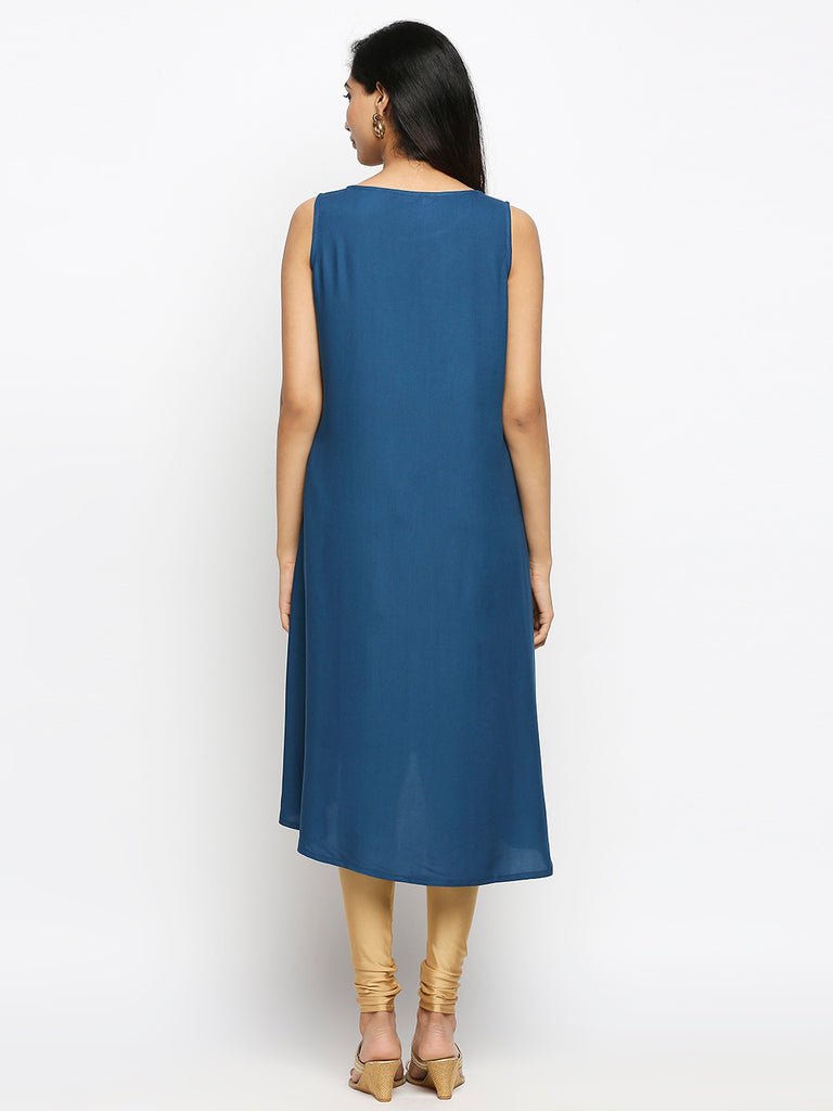 Women's Petrol Viscose Rayon Printed Kurta