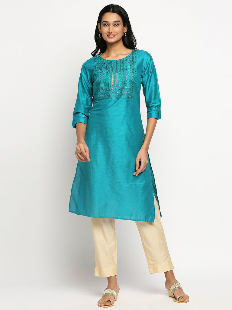 Women's Turquoise Blue Dupion Silk Printed Kurta