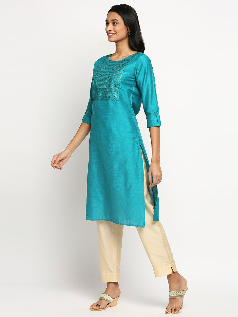 Women's Turquoise Blue Dupion Silk Printed Kurta