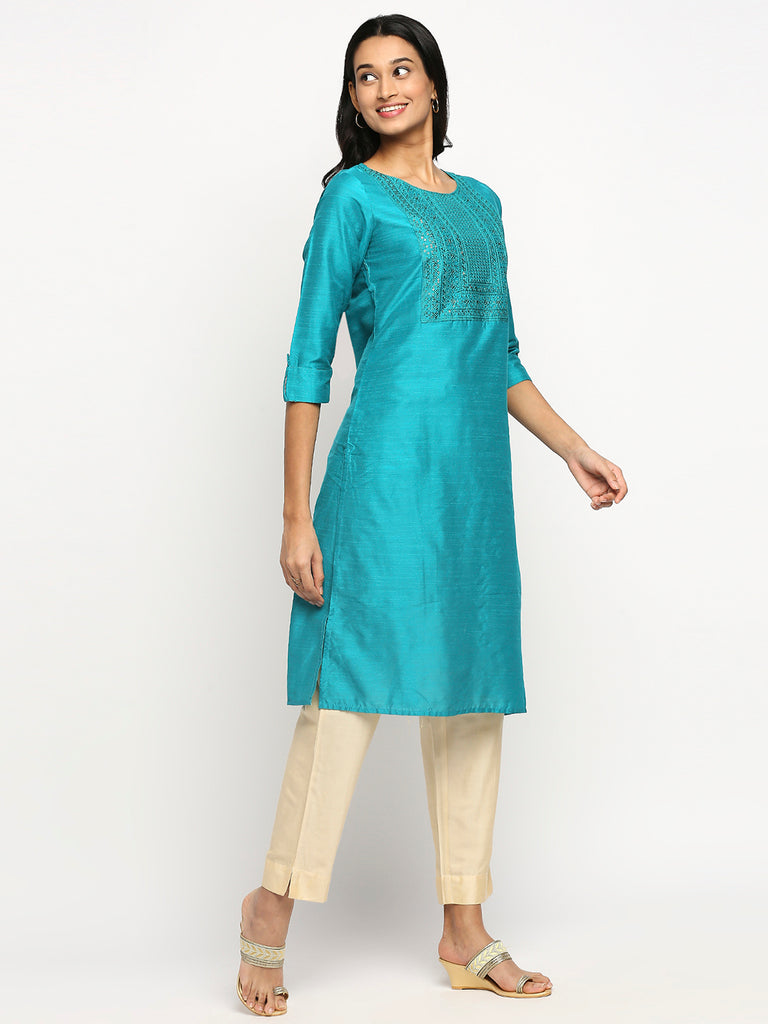 Women's Turquoise Blue Dupion Silk Printed Kurta