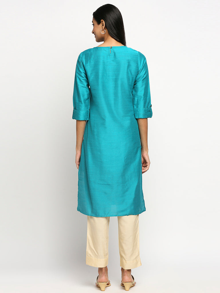 Women's Turquoise Blue Dupion Silk Printed Kurta